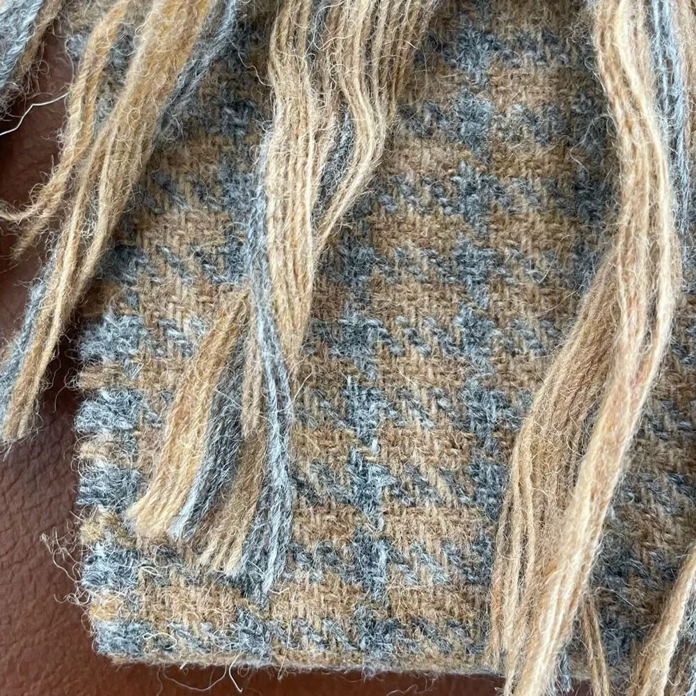 Yves Saint Laurent Saks Fifth Avenue Camel Tan Grey Neutral Plaid Scarf Shetland